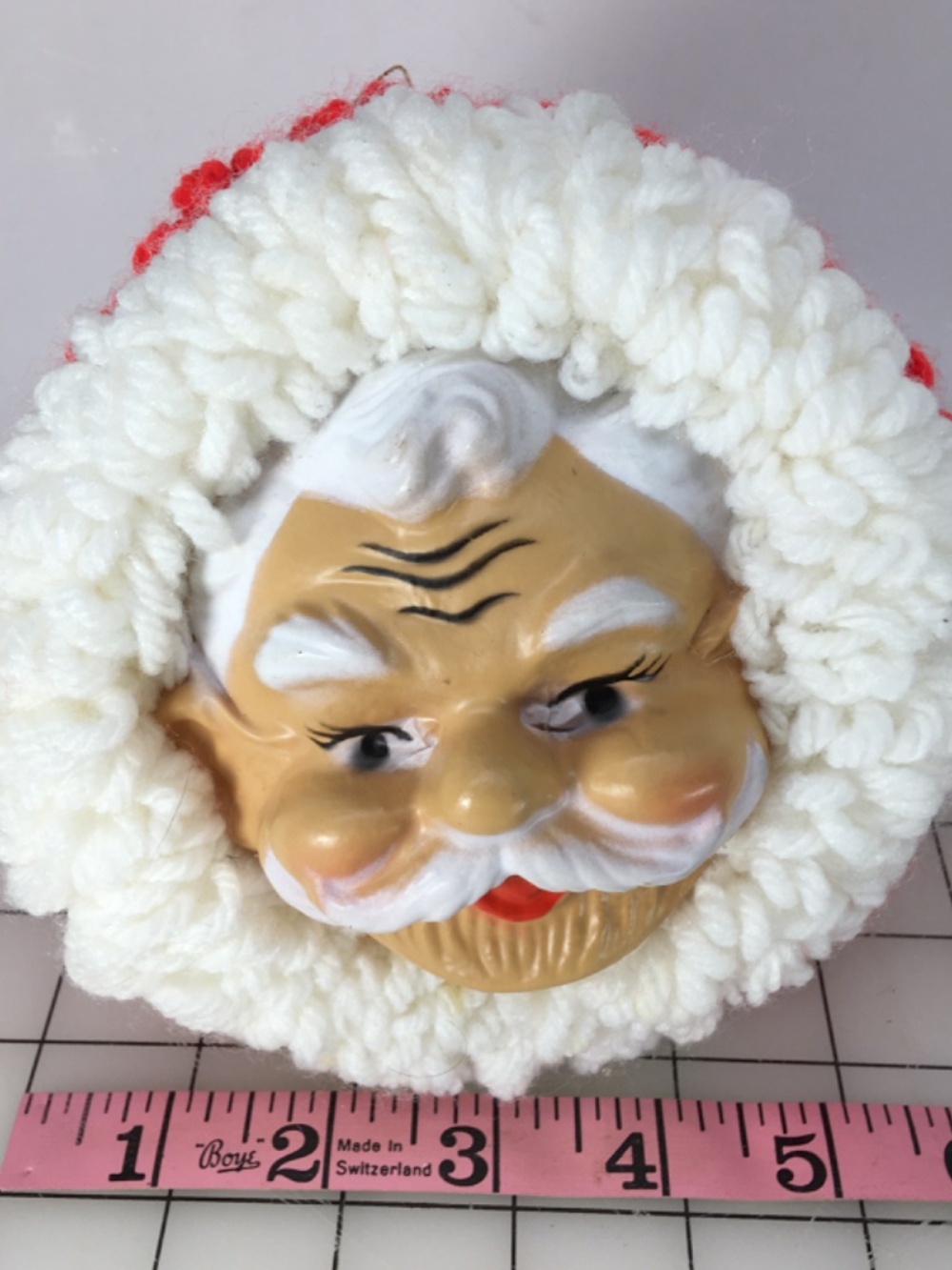 Vintage 70s Santa head - Crochet beard and hat 5" ornament Christmas